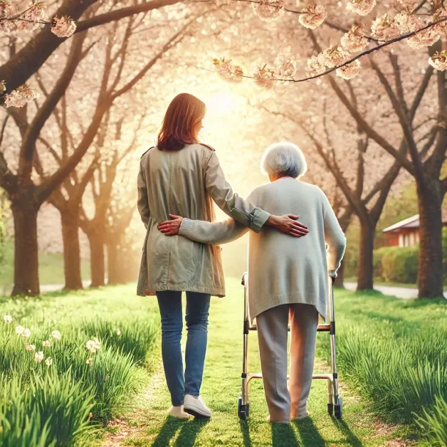 Personne âgée avec la maladie de Parkinson accompagnée de son aidante